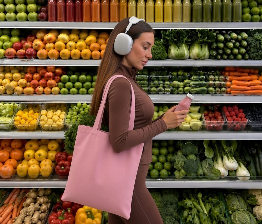 Comprando fruta y verdura con auriculares, sin prisa