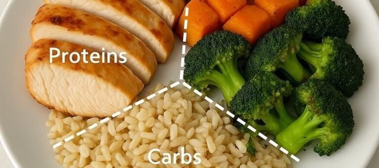 Plato con pollo, arroz integral, brócoli y boniato repartidos por raciones